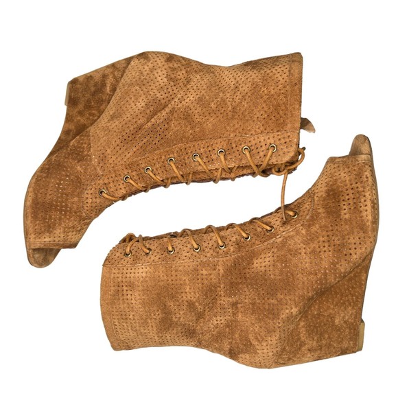Jeffrey Campbell Women's Sz 9.5 Suede Peep Toe Perforated Lace Up Wedge Bootie - Picture 7 of 11